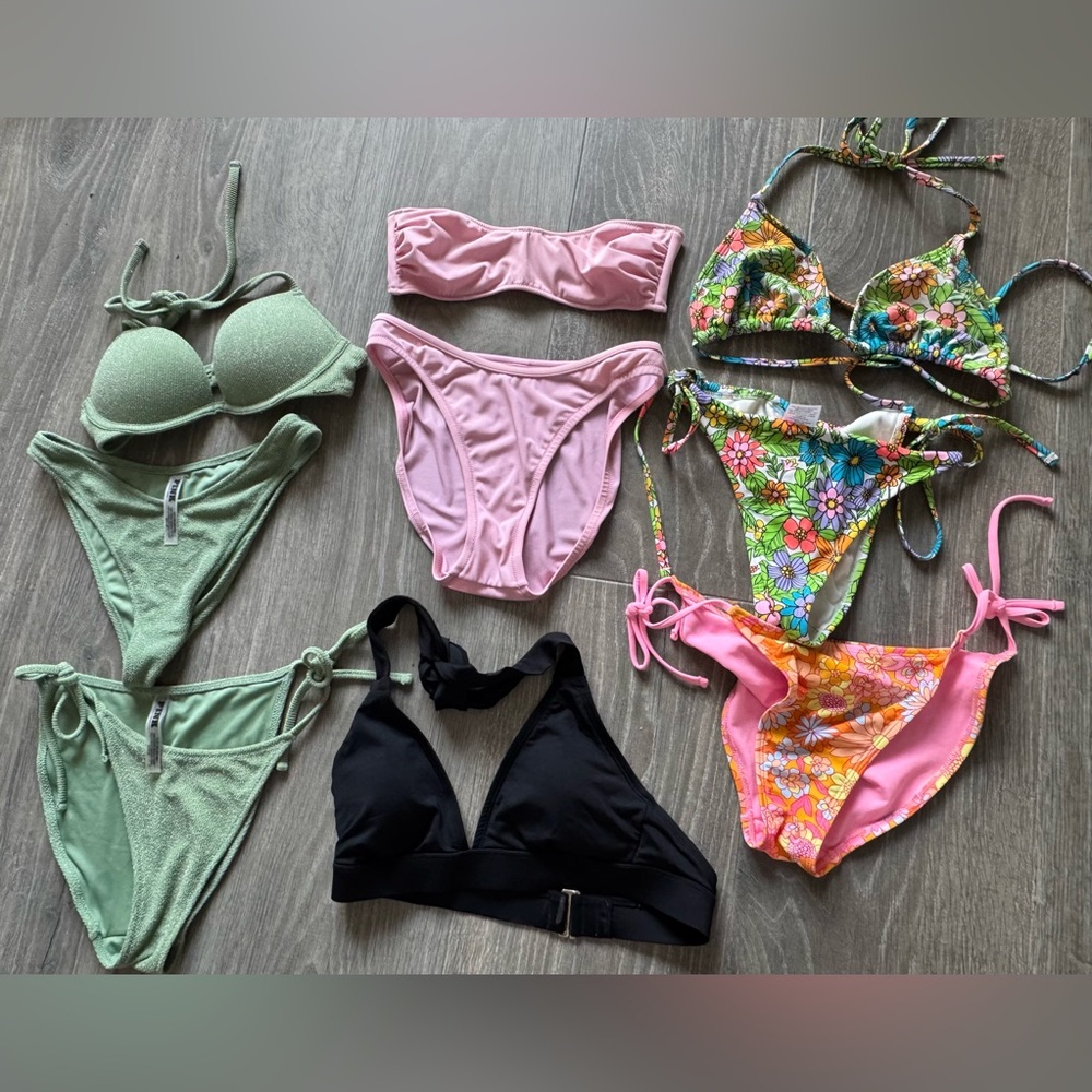 PINK Victoria's Secret push up strapless green black pink Floral bikini lot sz S